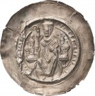Fulda, Abtei
Heinrich III. 1192-1216 Brakteat. Von vorn thronender Abt hält Krummstab und Buch zwischen je zwei Kuppeltürmen, HEINDRIDVSI ABAS RVCIS ...