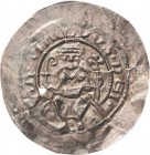 Naumburg, Bistum
Berthold II. 1186-1206 Brakteat. Von vorn thronender barhäuptiger Bischof hält Krumm- und Kreuzstab auf einem Bogen, BER.HOLDVS.DEI ...