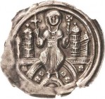 Quedlinburg, Abtei
Adelheid III. von Sachsen 1161-1184 Brakteat. Von vorne thronende Äbtissin sitzt hält Lilienzepter und Kreuzstab auf Mauerleiste, ...