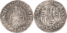 Sachsen, Haus Wettin, Groschenzeit
Kurfürst Friedrich III. mit seinem Bruder Johann und Herzog Albrecht 1486-1500 Engelgroschen (Schreckenberger) o.J...