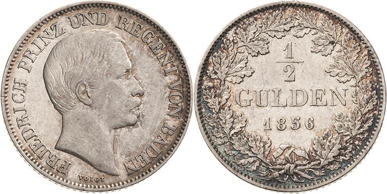 Baden-Durlach
Friedrich als Großherzog 1856-1907 1/2 Gulden 1856, Karlsruhe AKS...