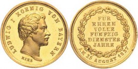 Bayern
Ludwig I. 1825-1848 Goldene Miniaturmedaille 1827 (J. Ries) Verliehen für 50 Dienstjahre. Kopf nach rechts / 6 Zeilen schrift im Eichenkranz. ...