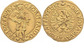 Brandenburg-Franken
Georg Friedrich I. 1543-1603 Dukat 1587, Königsberg 1. Emission. Geharnischter Herzog steht nach rechts, Umschrift GEORG.FRID.DG-...