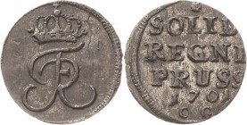 Brandenburg-Preußen
Friedrich I. 1701-1713 Schilling 1701, CG-Königsberg v. Schrötter 356 Neumann 22 Selten. Vorzüglich-prägefrisch