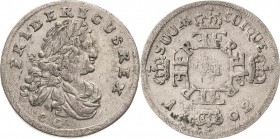Brandenburg-Preußen
Friedrich I. 1701-1713 6 Gröscher 1702, CG-Königsberg v. Schrötter 322 Neumann 19 Vorzüglich