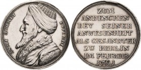 Brandenburg-Preußen
Friedrich Wilhelm II. 1786-1797 Silbermedaille 1791 (unsigniert) Auf den Besuch des türkischen Gesandten Asmi Achmet Said Effendi...