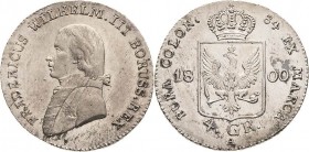 Brandenburg-Preußen
Friedrich Wilhelm III. 1797-1840 4 Groschen 1800, A-Berlin Olding 109 Jaeger 27 Prachtvolles Exemplar. Leicht justiert, vorzüglic...