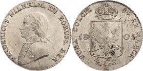 Brandenburg-Preußen
Friedrich Wilhelm III. 1797-1840 4 Groschen 1801, A-Berlin Olding 109 Jaeger 27 Prachtexemplar. Avers min. justiert, Stempelglanz...