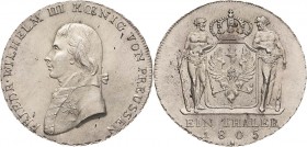Brandenburg-Preußen
Friedrich Wilhelm III. 1797-1840 Taler 1805, A-Berlin Olding 102 Jaeger 29 Kahnt 361 Davenport 755 Seltenes und prachtvolles Exem...