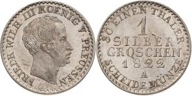 Brandenburg-Preußen
Friedrich Wilhelm III. 1797-1840 Silbergroschen 1822, A-Berlin Olding 186 AKS 27 Jaeger 56 Prachtexemplar. Vom Erstabschlag. Stem...