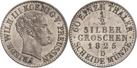 Brandenburg-Preußen
Friedrich Wilhelm III. 1797-1840 1/2 Silbergroschen 1825, D-Düsseldorf Olding 201 AKS 30 Jaeger 55 Seltenes und prachtvolles Exem...