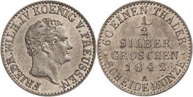 Brandenburg-Preußen
Friedrich Wilhelm IV. 1840-1861 1/2 Silbergroschen 1842, A-Berlin Olding 323 AKS 87 Jaeger 65 Prachtvolles Exemplar mit feiner Pa...