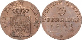 Brandenburg-Preußen
Friedrich Wilhelm IV. 1840-1861 3 Pfennige 1842, A-Berlin Olding 327 AKS 90 Jaeger 44 Kl. Schrötlingsfehler, prägefrisch