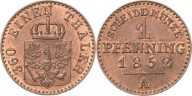 Brandenburg-Preußen
Friedrich Wilhelm IV. 1840-1861 Pfennig 1852, A-Berlin Olding 337 AKS 92 Jaeger 50 Prachtexemplar. Stempelglanz