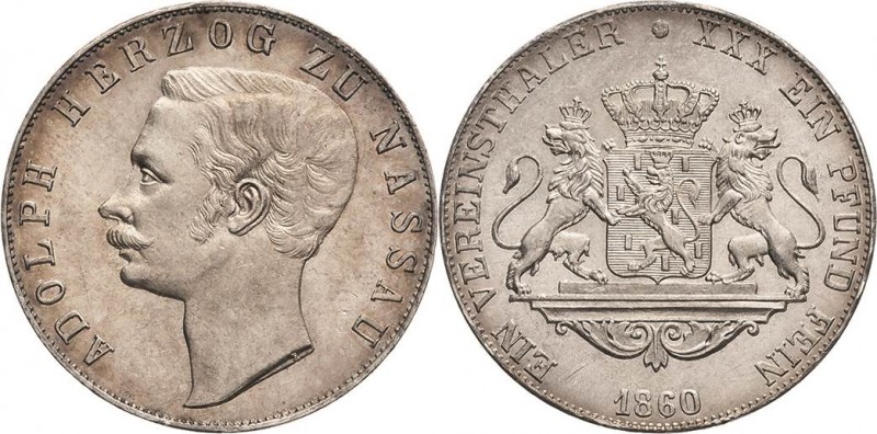 Nassau
Adolph 1839-1866 Taler 1860, Wiesbaden Variante mit doppeltem Ohr AKS 63...