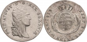 Sachsen-Kurlinie ab 1547 (Albertiner)
Friedrich August I. 1806-1827 Taler 1813, IGS-Dresden Kahnt 1208 Kahnt 417 AKS 12 Jaeger 12 Davenport 854 Rv. j...