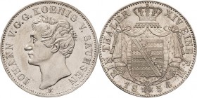 Sachsen-Kurlinie ab 1547 (Albertiner)
Johann 1854-1873 Taler 1854, F-Dresden AKS 128 Jaeger 97 Kahnt 458 Davenport 883 Avers kl. Kratzer, vorzüglich/...