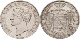 Sachsen-Kurlinie ab 1547 (Albertiner)
Johann 1854-1873 Taler 1854, F-Dresden AKS 128 Jaeger 97 Kahnt 458 Davenport 883 Kl. Henkelspur, Felder geglätt...