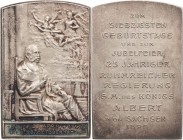 Sachsen-Kurlinie ab 1547 (Albertiner)
Albert 1873-1902 Silberplakette 1898 (A. Scharff?) 25. Regierungsjubiläum und 70. Geburtstag. Sitzender König A...