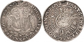 Sachsen-Coburg und Eisenach 1573-1638
Johann Casimir und Johann Ernst 1572-1633 1/4 Taler 1603, liegendes B mit Eichel-Saalfeld KOR 134 Grasser 104 S...