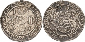 Sachsen-Weimar (Alt-Weimar) 1572-1603
Friedrich Wilhelm und Johann 1573-1603 1/4 Taler 1598, Saalfeld Sog. Pesttaler. Fünf ins Kreuz gestellte Wappen...