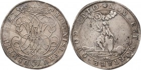 Sachsen-Meiningen
Bernhard 1680-1706 2/3 Taler 1687, Gotha Verschlungenes Monogramm / Auf einem Stein sitzende Personifikation der Ewigkeit, in der r...