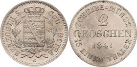 Sachsen-Coburg-Gotha
Ernst I. 1826-1844 2 Groschen 1841, G-Dresden AKS 88 Jaeger 270 KOR 1175 Seltenes Prachtexemplar vom Erstabschlag. Winz. Schrötl...