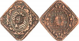 Torgau
 Cu-Brauzeichen 1589. Brauzeichen der Stadt Torgau. Wappenschild, am Rand GH, IH, NT, MI / 6 Zeilen Schrift in Kartusche. 37 x 38 mm, 13,61 g....