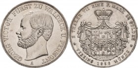 Waldeck und Pyrmont
Georg Victor 1845-1893 Doppeltaler 1856, A-Berlin Kahnt 552 AKS 44 Jaeger 44 Davenport 928 Selten. Kl. Kratzer, vorzüglich
