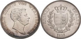 Württemberg
Wilhelm I. 1816-1864 Taler 1832, Stuttgart AKS 66 Jaeger 55 Kahnt 586 Davenport 954 Attraktives Exemplar. Avers Kratzer, vorzüglich/vorzü...