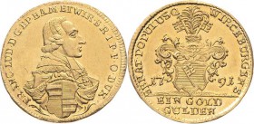 Würzburg-Bistum
Franz Ludwig von Erthal 1779-1795 Goldgulden 1791, Würzburg Mit altem Beschreibtütchen Helmschrott 862 Friedberg 3762 GOLD. 3.22 g. S...