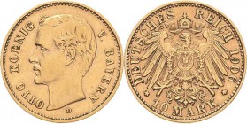 Bayern
Otto 1886-1913 10 Mark 1906 D Jaeger 201 Avers Kratzer, sehr schön