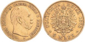 Preußen
Wilhelm I. 1861-1888 5 Mark 1878 A Jaeger 244 Leichte Fassungsspuren, fast sehr schön/sehr schön