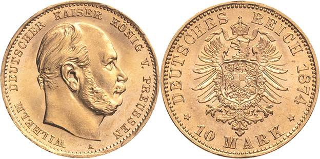 Preußen
Wilhelm I. 1861-1888 10 Mark 1874 A Jaeger 245 Prägebedingte Randuneben...