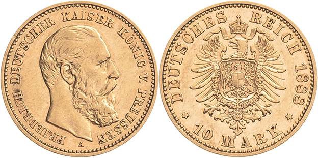 Preußen
Friedrich III. 1888 10 Mark 1888 A Jaeger 247 Sehr schön-vorzüglich