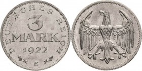 Ersatz und Inflationsmünzen 1919-1923
 3 Mark 1922 E Jaeger 302 Sehr selten. Kl. Randfehler, min. Kratzer, vorzüglich-prägefrisch