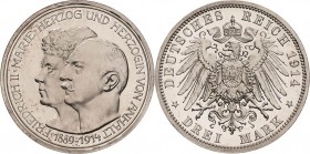 Anhalt
Friedrich II. 1904-1918 3 Mark 1914 A Silberhochzeit Jaeger 24 Min. Berührt, Polierte Platte