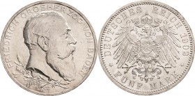 Baden
Friedrich I. 1856-1907 5 Mark 1902 (G) Regierungsjubiläum Jaeger 31 Winz. Randfehler, fast Stempelglanz