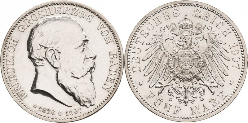 Baden
Friedrich I. 1856-1907 5 Mark 1907 (G) Auf seinen Tod Jaeger 37 Av. Leich...