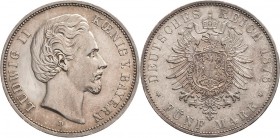 Bayern
Ludwig II. 1864-1886 5 Mark 1876 D Jaeger 42 Avers Kratzer und leicht bearbeitet, fast vorzüglich/vorzüglich-Stempelglanz