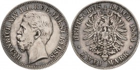 Reuss-Jüngere Linie
Heinrich XIV. 1867-1913 2 Mark 1884 A Jaeger 120 Sehr schön