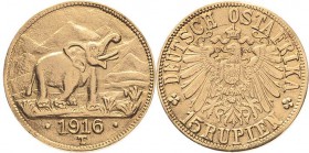 Deutsch Ostafrika
 15 Rupien 1916, T Geprägt aus dem Gold der Sekenke Goldmine Jaeger 728 b Leichte Fassungsspuren, sehr schön-vorzüglich