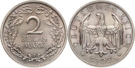 Kleinmünzen
 2 Reichsmark 1925 F Jaeger 320 Prachtvolles Exemplar mit feiner Patina. Prägefrisch
