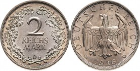 Kleinmünzen
 2 Reichsmark 1926 D Jaeger 320 Prachtvolles Exemplar mit feiner Patina. Prägefrisch