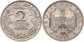 Kleinmünzen
 2 Reichsmark 1931 G Jaeger 320 Prachtvolles Exemplar. Stempelglanz