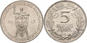 Gedenkausgaben
 5 Reichsmark 1925 G Rheinlande Jaeger 322 Kl. Randfehler, fast vorzüglich/vorzüglich-Stempelglanz