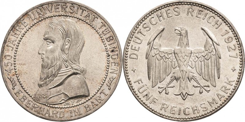 Gedenkausgaben
 5 Reichsmark 1927 F Tübingen Jaeger 329 Fast Stempelglanz/Stemp...