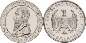 Gedenkausgaben
 5 Reichsmark 1927 F Tübingen Jaeger 329 Kl. Randfehler, kl. Kratzer, vorzüglich-Stempelglanz
