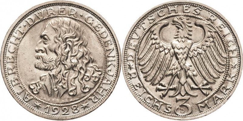 Gedenkausgaben
 3 Reichsmark 1928 D Dürer Jaeger 332 Min. Randfehler, fast Stem...