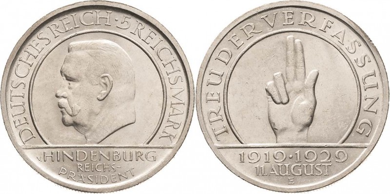 Gedenkausgaben
 5 Reichsmark 1929 E Verfassung Jaeger 341 Vorzüglich-Stempelgla...